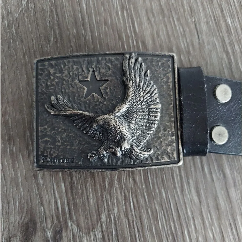 Express Black Leather Perforated Belt Star Eagle Metal Buckle Size 32